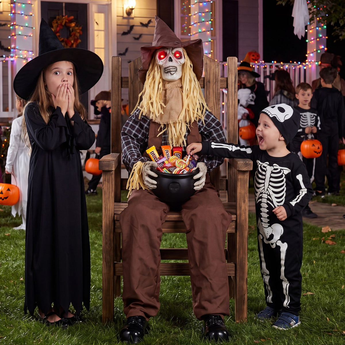 Sitting scarecrow with candy bowl between children in Halloween costumes