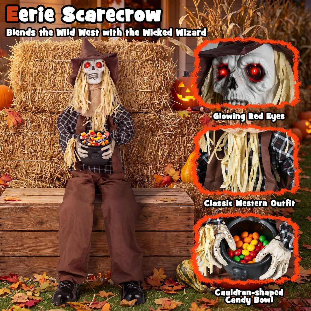 Sitting scarecrow holding a candy bowl in a hay bale setting with close-ups of its face and bowl
