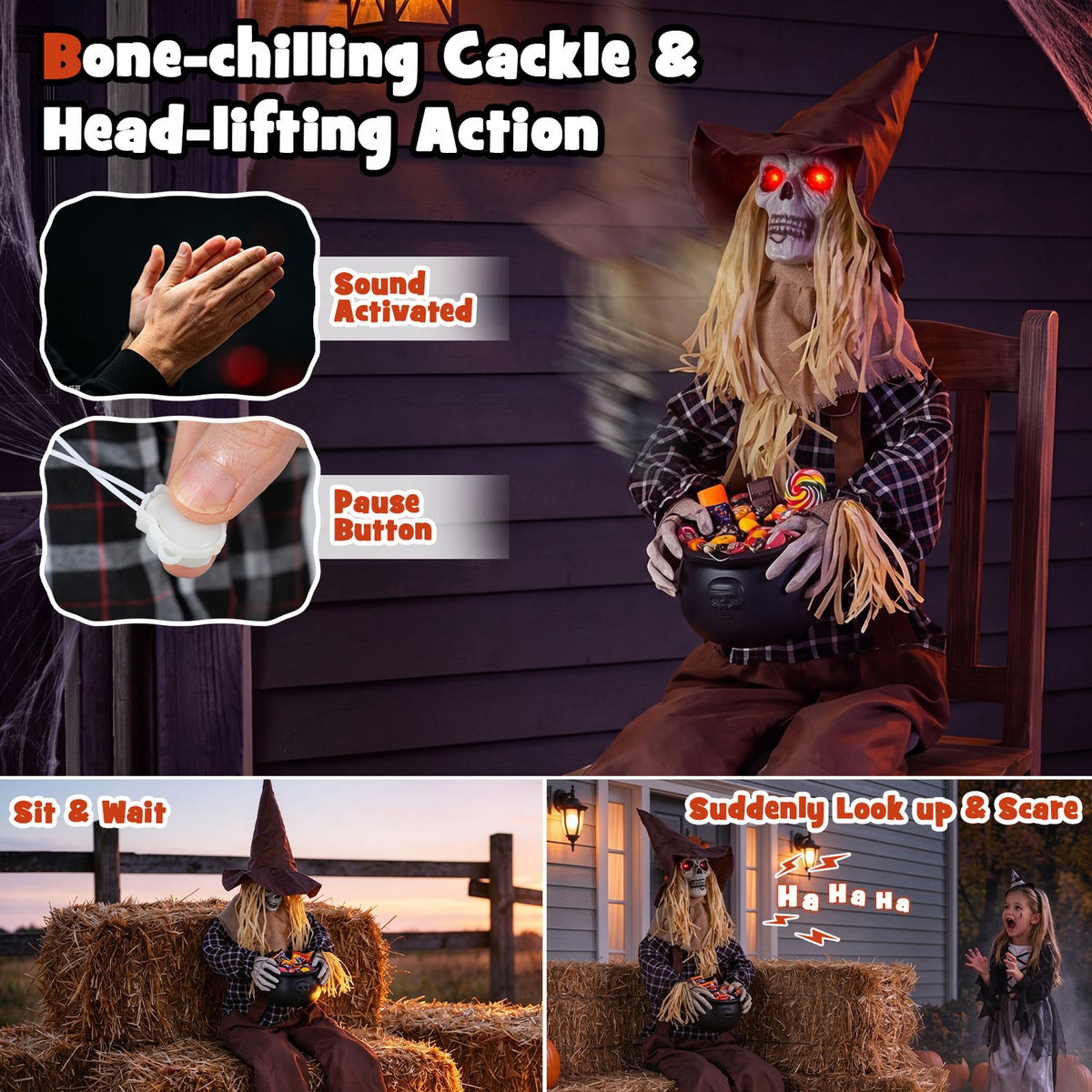 A seated scarecrow holding a candy bowl is shown with close-ups of the controls and scenes of it startling people.