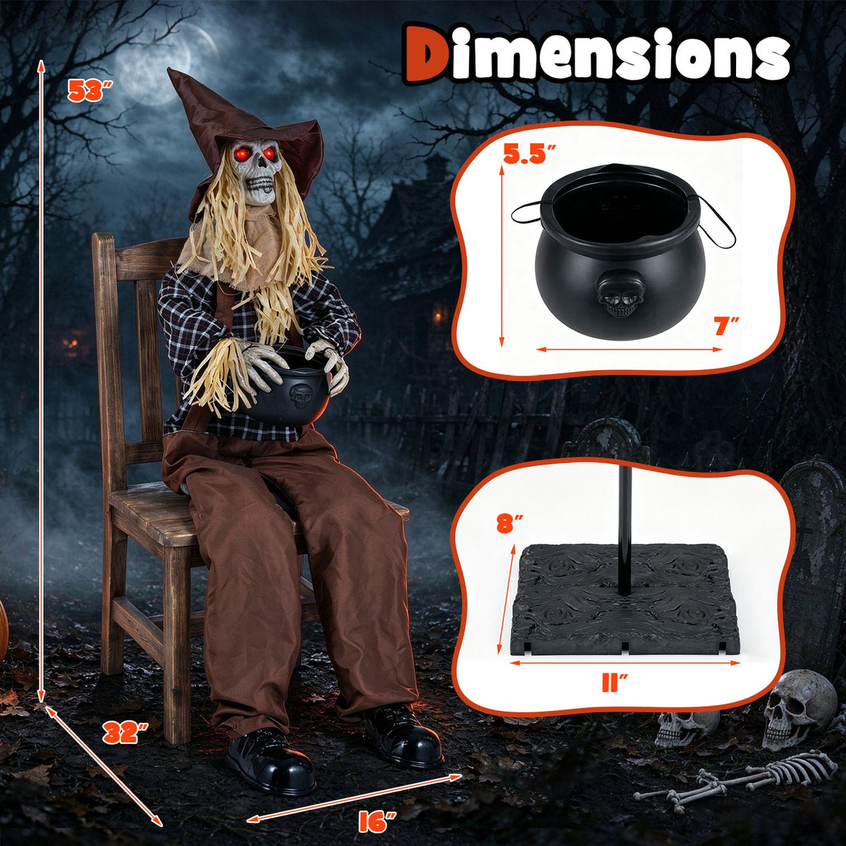 Sitting scarecrow beside graphics showing its overall, base and candy bowl dimensions