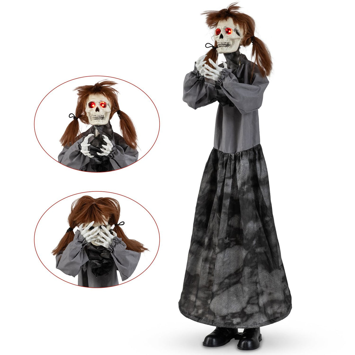 The doll is shown with hands at its chest and covering its face, with close-up insets of both poses.