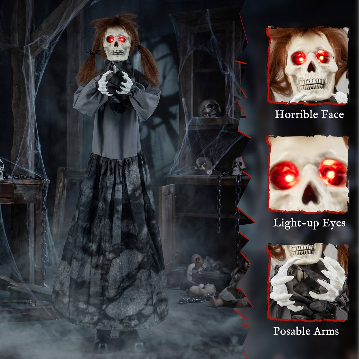 A doll with glowing red eyes stands beside close-ups of its face, eyes, and skeletal hands.