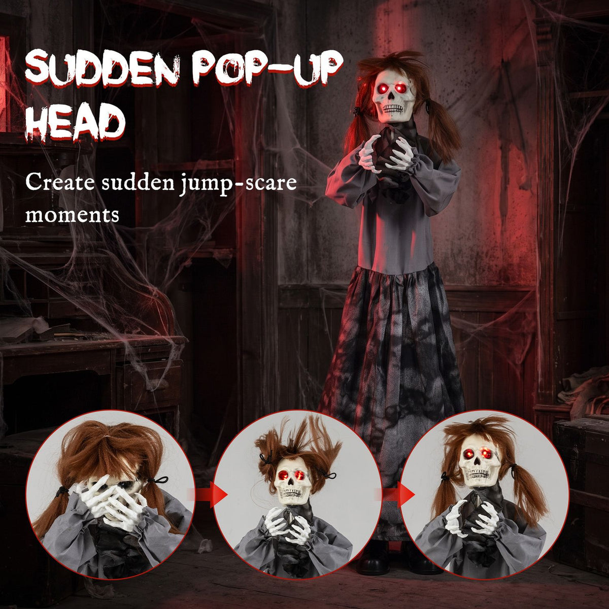A red-lit room scene shows the doll upright above three circular views of its head at different stages.