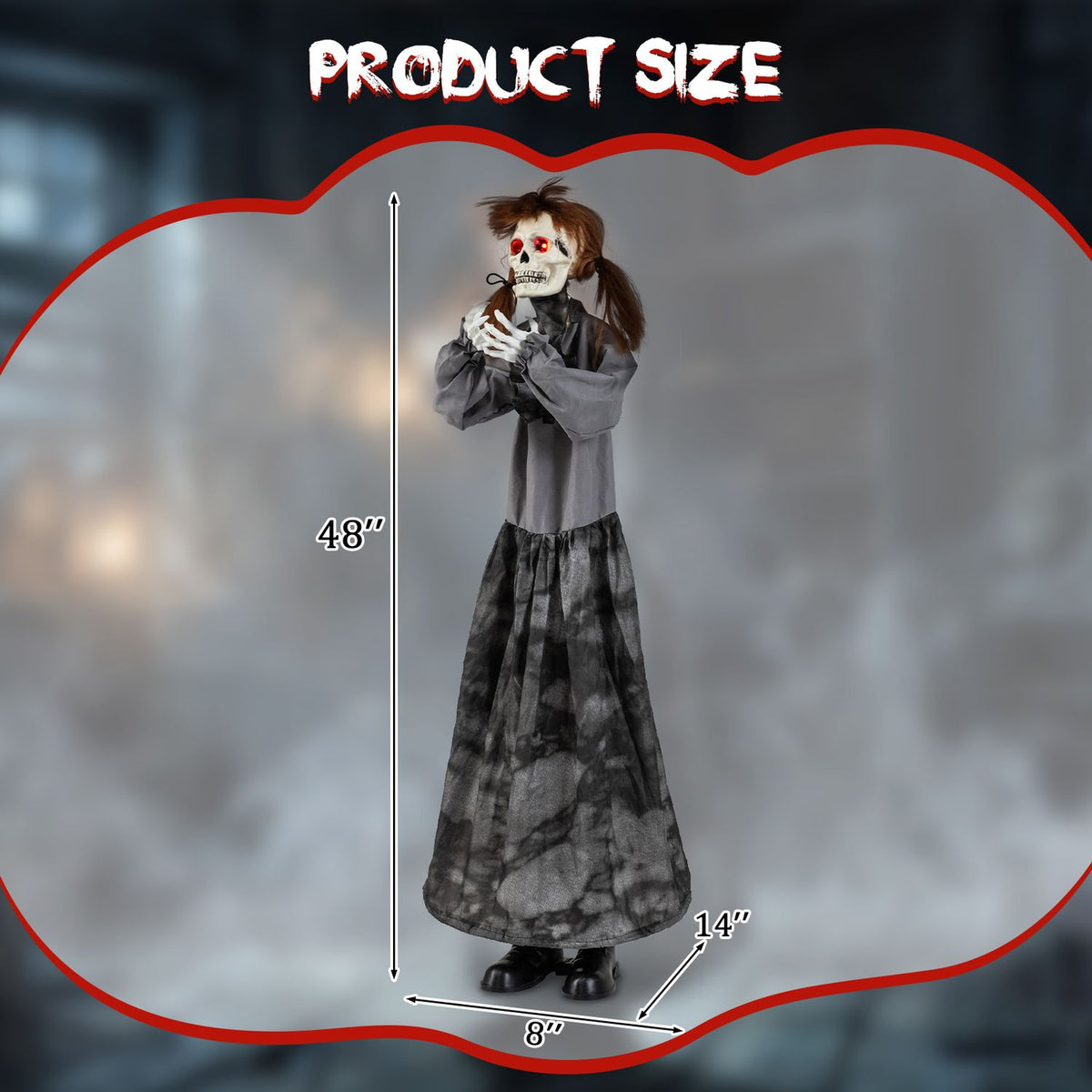 A long-haired doll in a gray top and dark skirt stands beside measurement arrows.