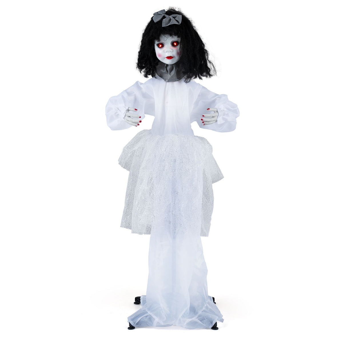Full-length view of the doll against a white background, with arms bent forward and black hair framing her face.