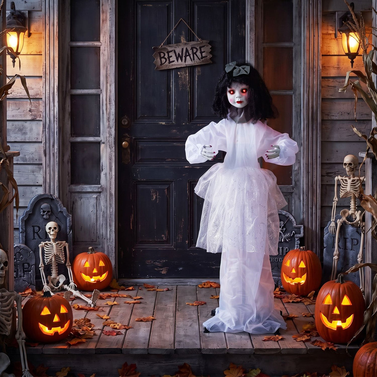 A pale-faced Halloween doll in a white dress stands on a porch amid glowing jack-o’-lanterns and skeletons.
