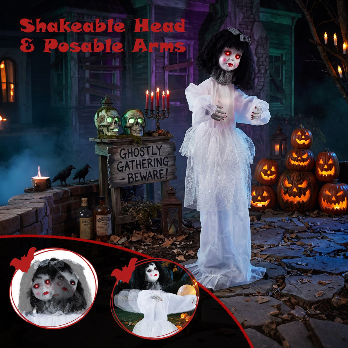 White-dressed doll with glowing red eyes stands among pumpkins in a spooky graveyard scene.