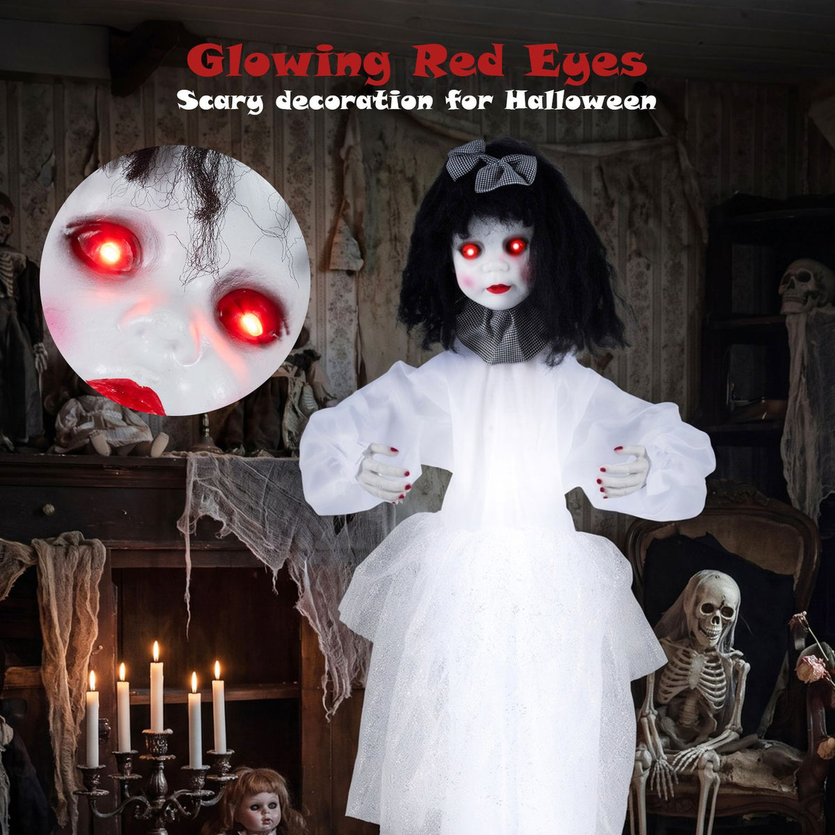 Close view of the doll in a white dress, with an inset showing its glowing red eyes.