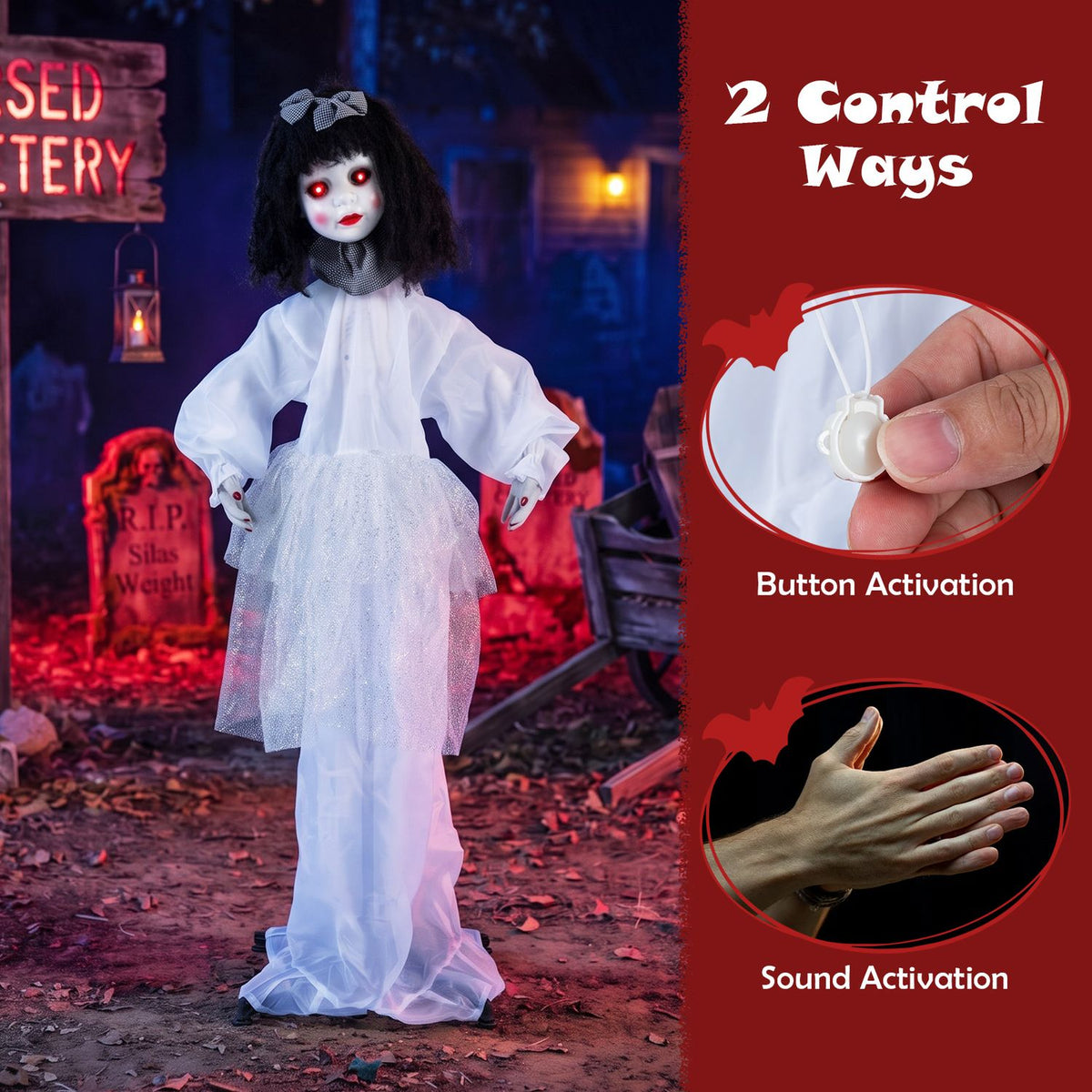 The doll stands in a graveyard scene beside insets showing a hand pressing a button and clapping.