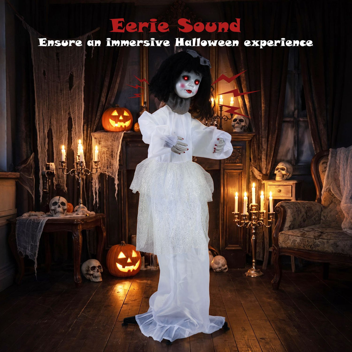 White-dressed doll stands in a candlelit room decorated with pumpkins, skulls and cobwebs.