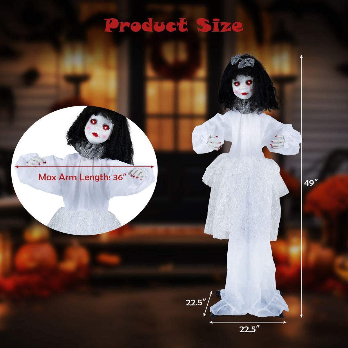 The doll is shown beside measurement arrows, with an inset showing its arms extended.