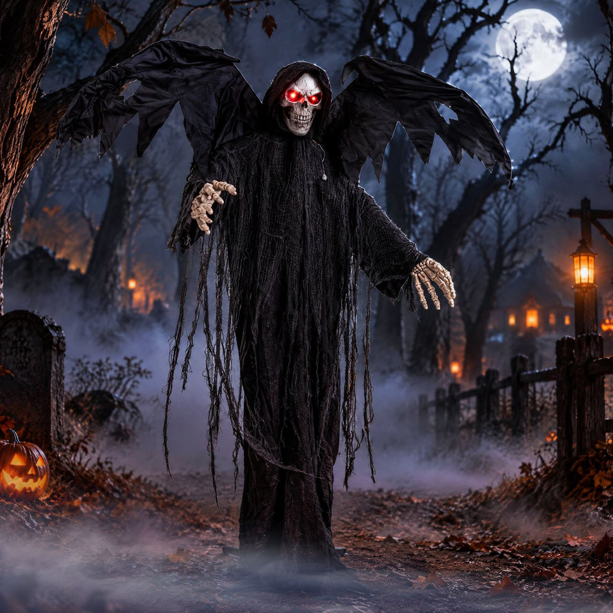 Black-robed reaper with glowing red eyes and outstretched wings in a moonlit graveyard.