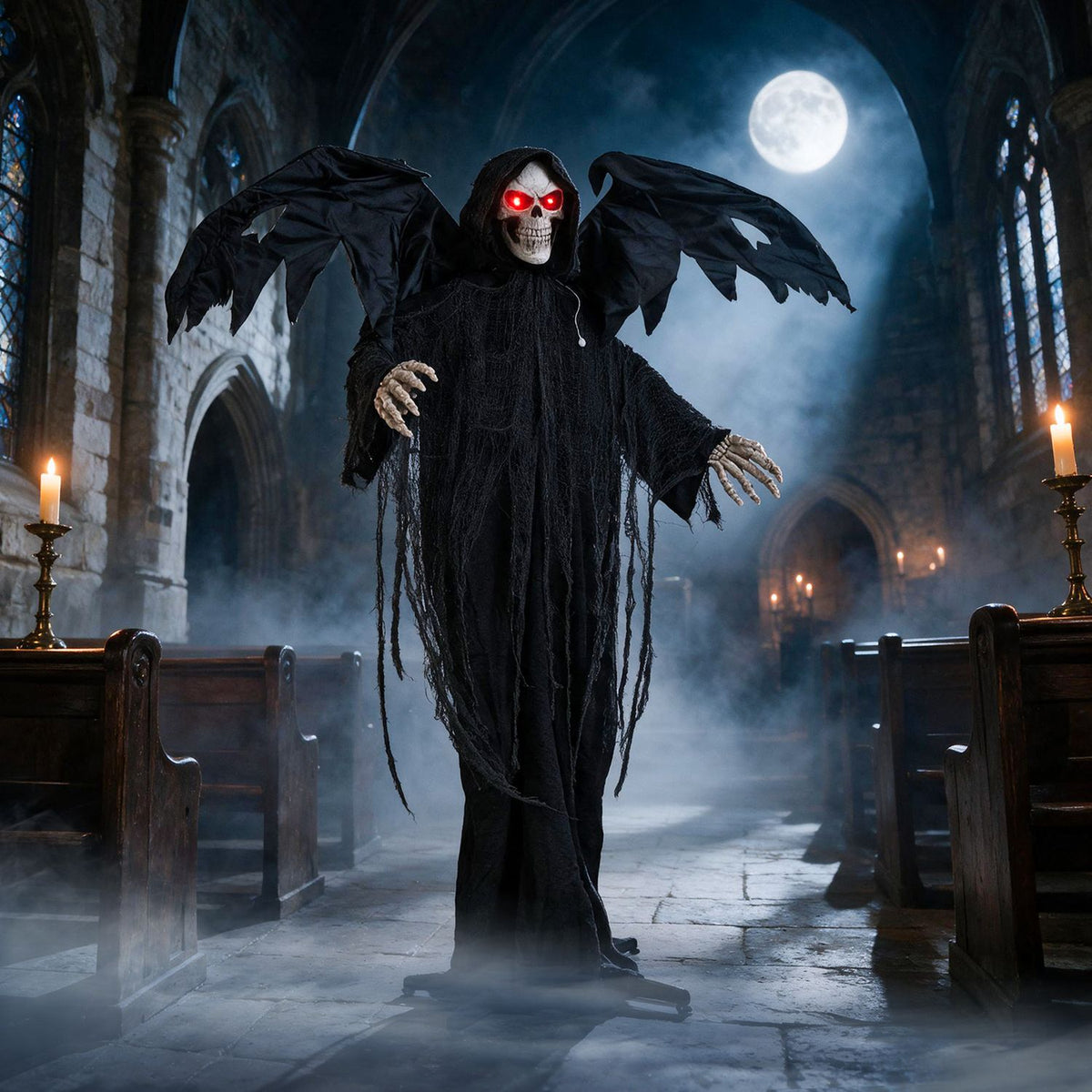 Red-eyed reaper decoration stands between pews in a misty, moonlit stone hall.