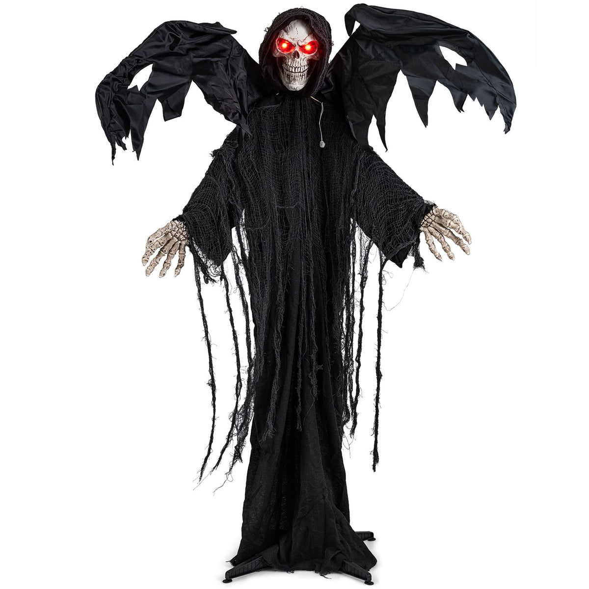 Front view of the black-robed reaper with spread wings, skeletal hands, and glowing red eyes on white.
