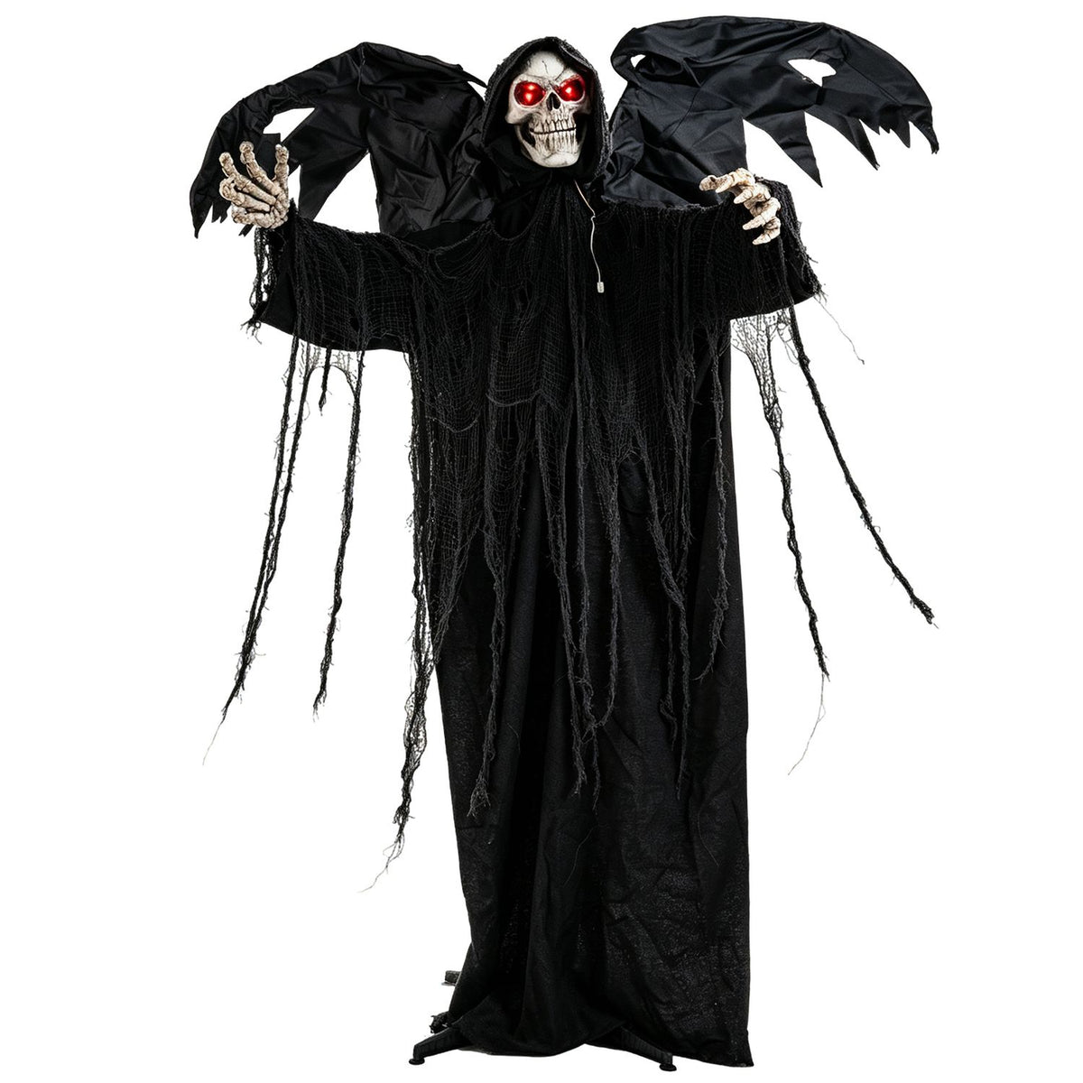 Reaper decoration with raised skeletal hands, tattered sleeves, spread wings, and glowing red eyes on white.