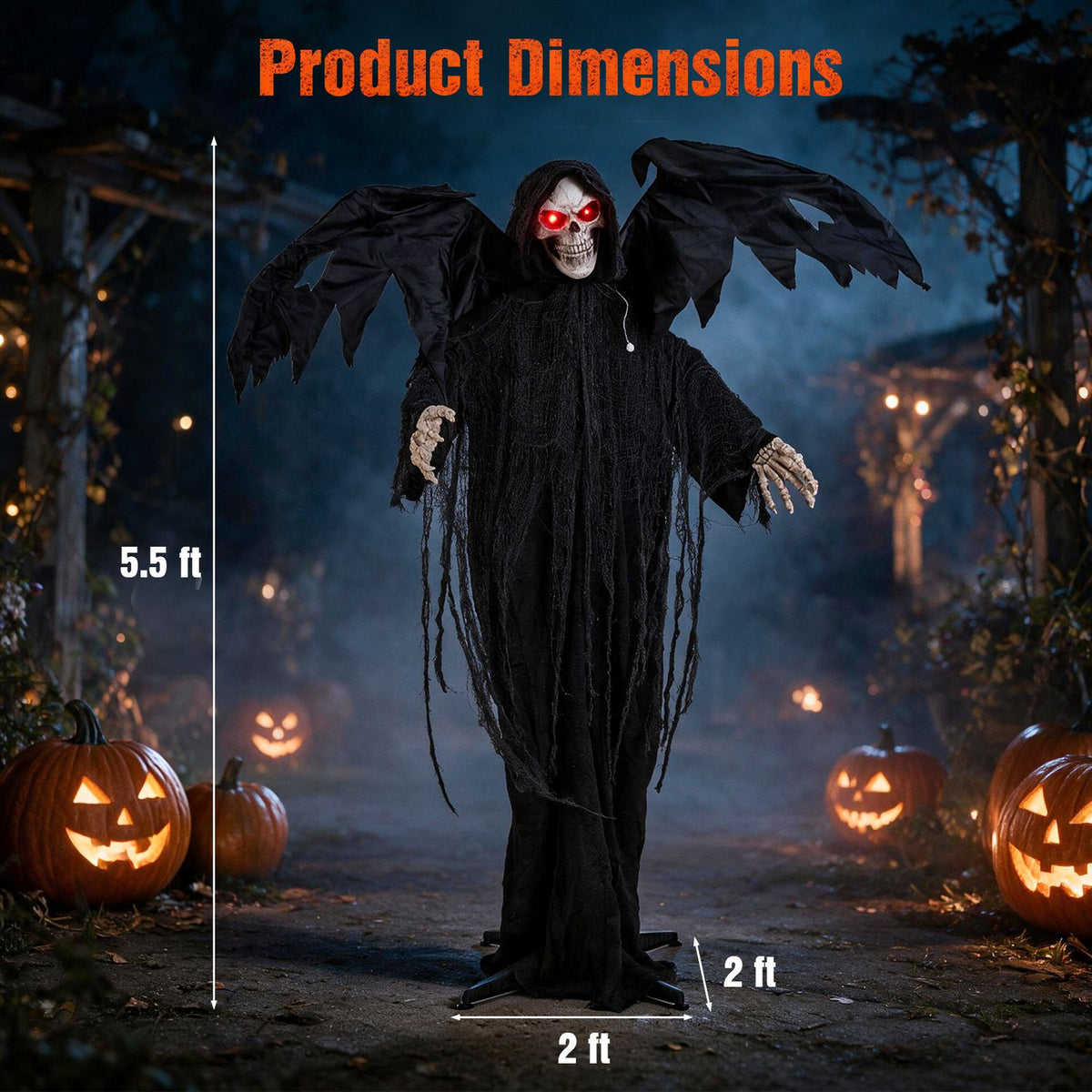 A black-robed reaper with glowing red eyes and outstretched wings stands among pumpkins at night.