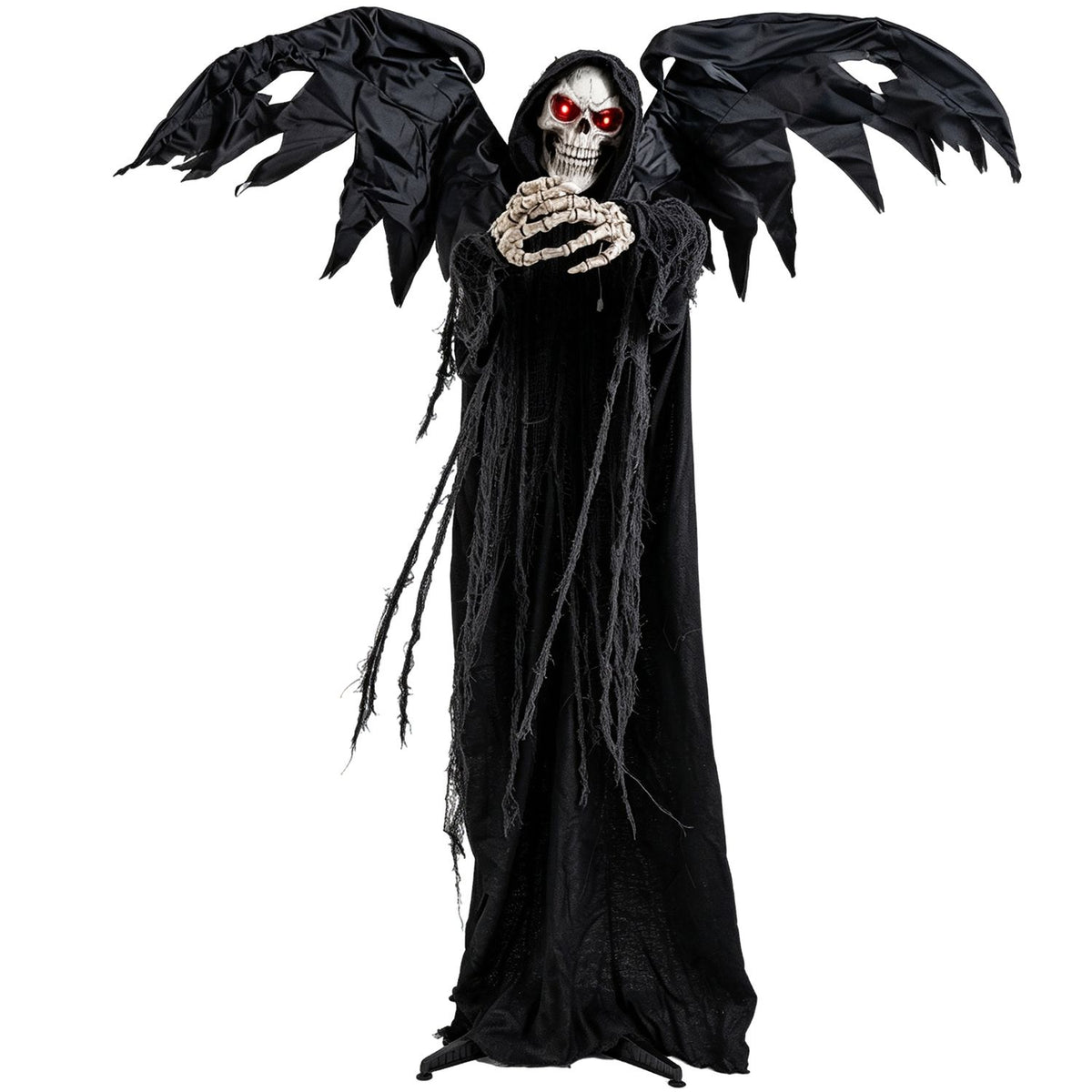 A black-robed reaper with a skull face, glowing red eyes, spread wings, and hands held together against white.