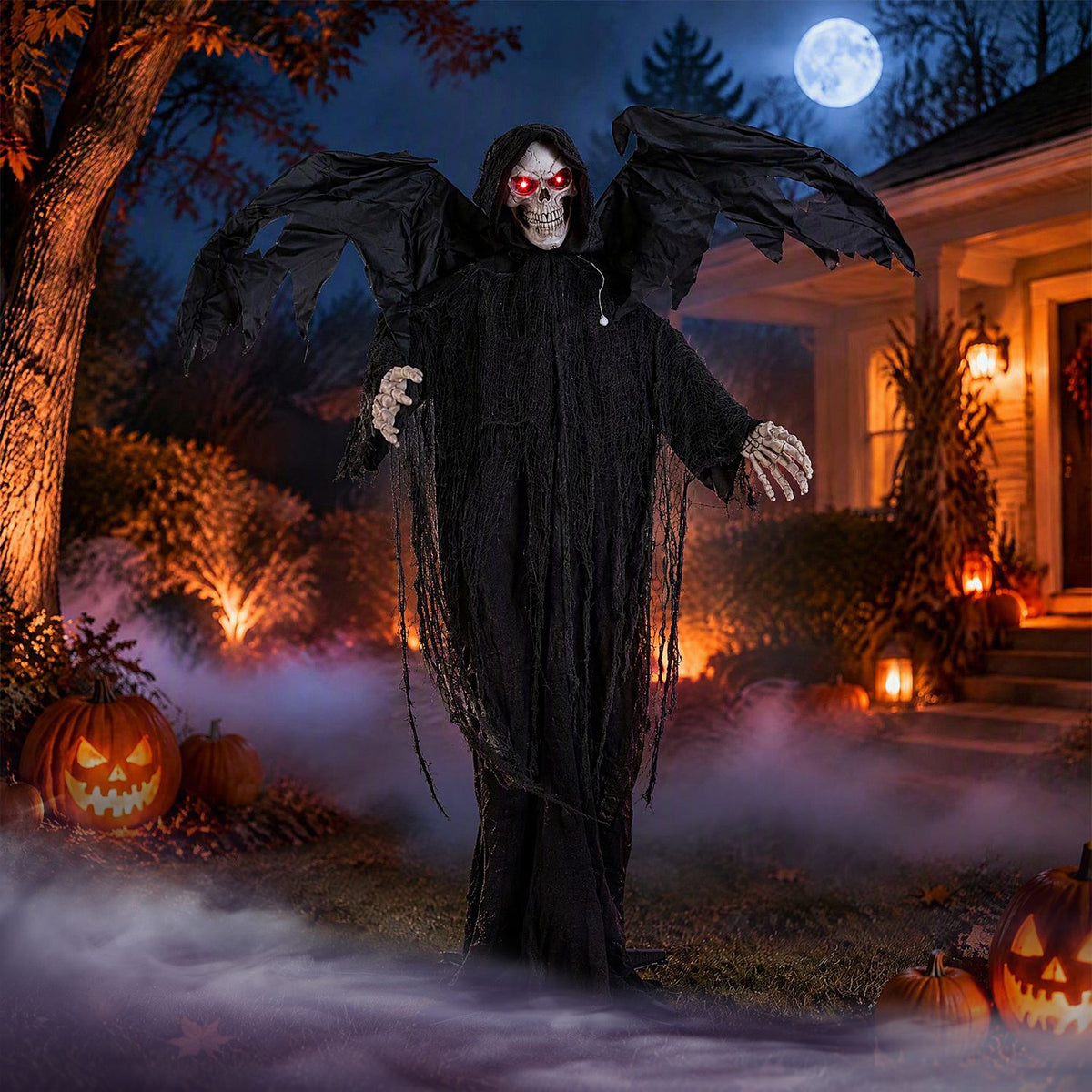 A black-robed reaper with spread wings stands in a misty garden under a full moon, with pumpkins nearby.