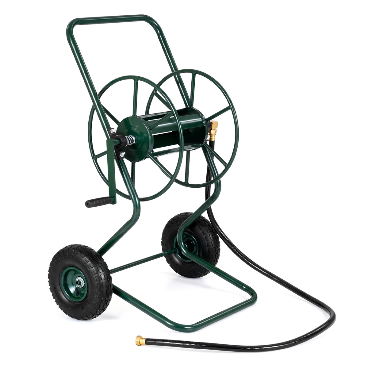 Green hose reel cart with an empty spool and a black hose trailing across a white background.