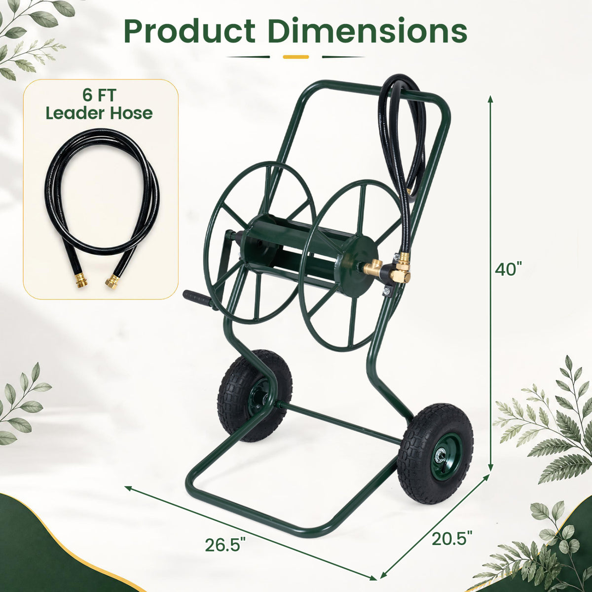 Green hose reel cart shown with two wheels, coiled leader hose, and measurement arrows.
