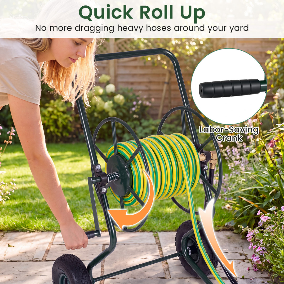 A person turns the cart’s side crank to wind a yellow-and-green hose onto the reel.