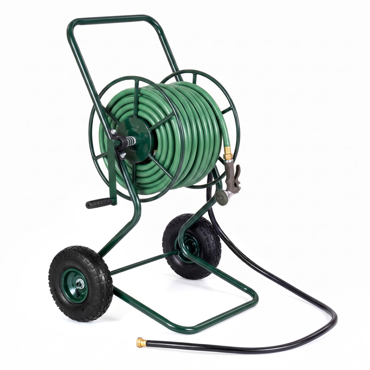 Green garden hose wound around the cart's reel, with a black hose extending across a white background.