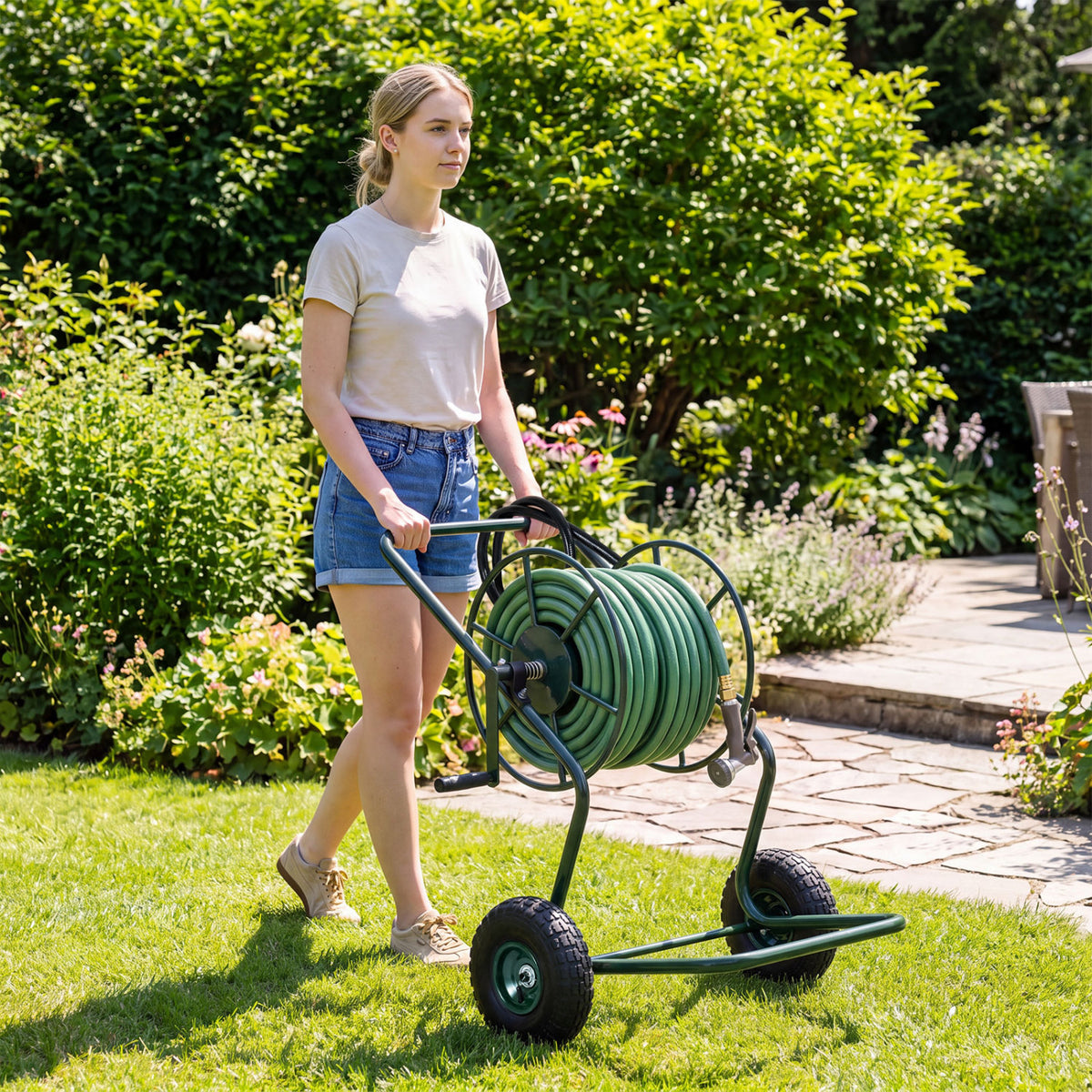 A woman pulls the green hose reel cart along a paved garden path.