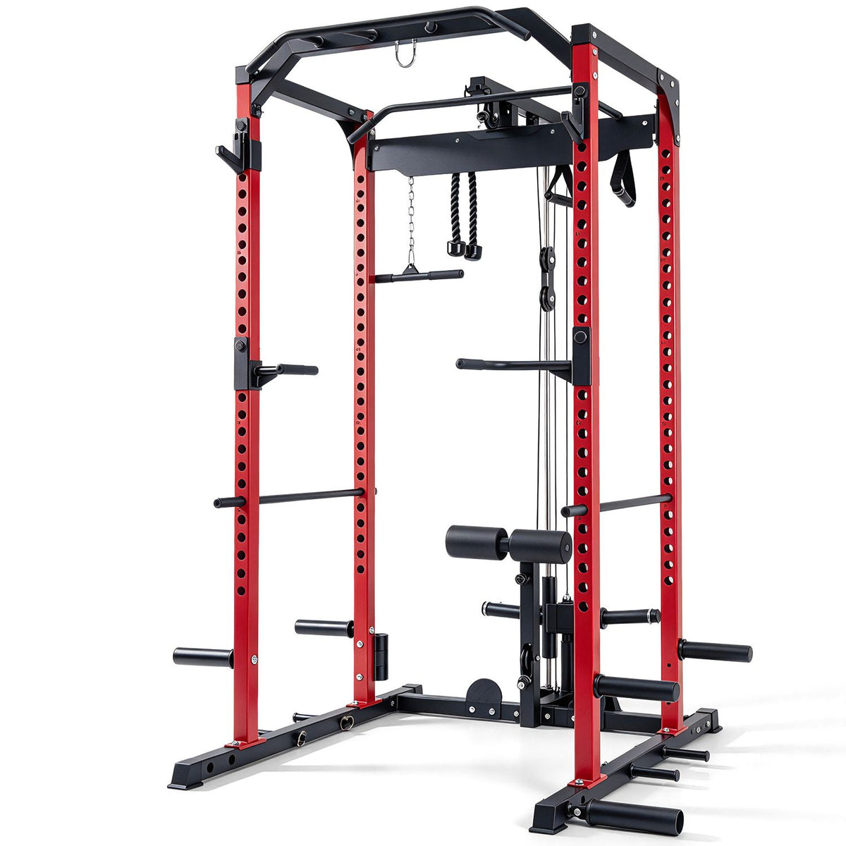 Red and black power cage with overhead pull-up bars, cable pulleys and padded leg rollers.