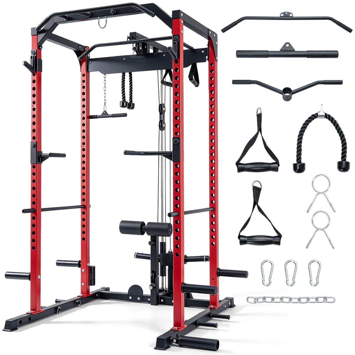 Red power cage shown beside a layout of cable bars, handles, straps, clips and a chain.