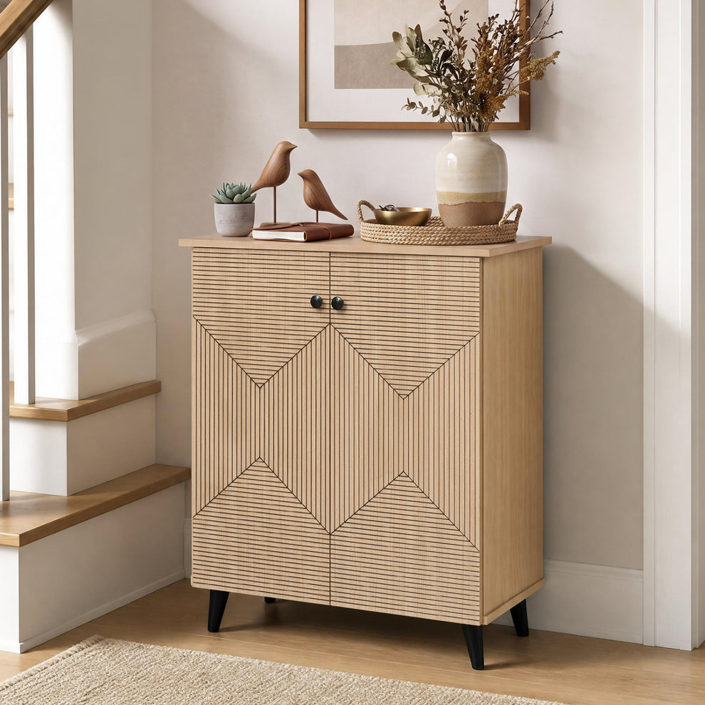 High‑quality 2‑Door Geometric Cabinet Freestanding Decorative Footwear Storage Unit with Carved Panels for Indoor Home U