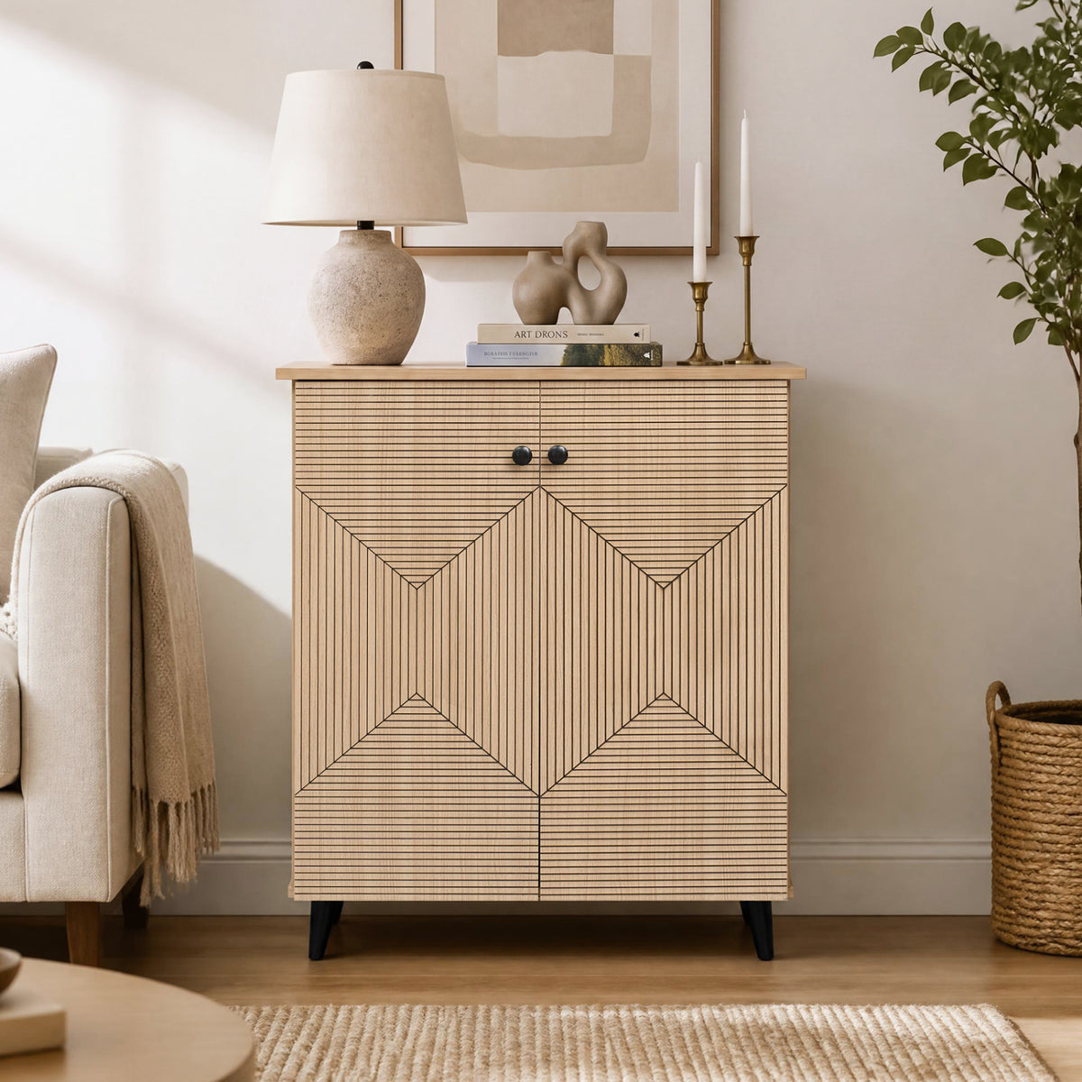 High‑quality 2‑Door Geometric Cabinet Freestanding Decorative Footwear Storage Unit with Carved Panels for Indoor Home U