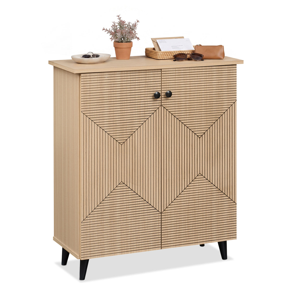 High‑quality 2‑Door Geometric Cabinet Freestanding Decorative Footwear Storage Unit with Carved Panels for Indoor Home U