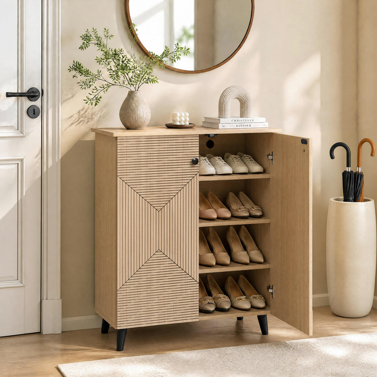 High‑quality 2‑Door Geometric Cabinet Freestanding Decorative Footwear Storage Unit with Carved Panels for Indoor Home U