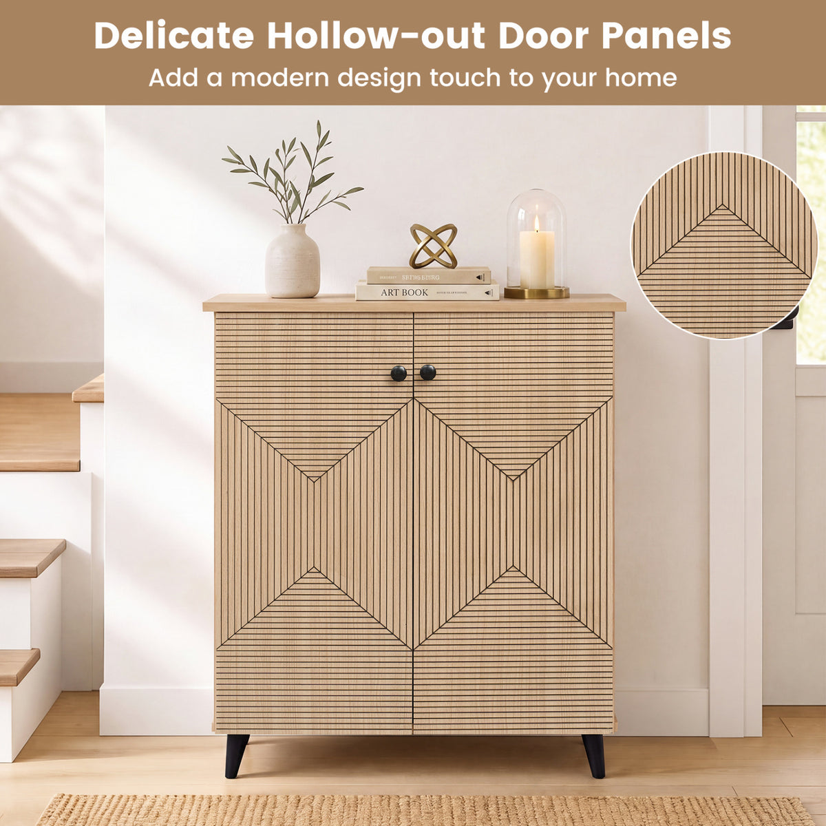 High‑quality 2‑Door Geometric Cabinet Freestanding Decorative Footwear Storage Unit with Carved Panels for Indoor Home U