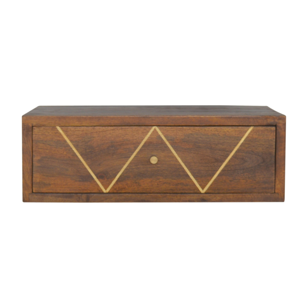 Chestnut nightstand straight-on, showing the brass geometric drawer inlay