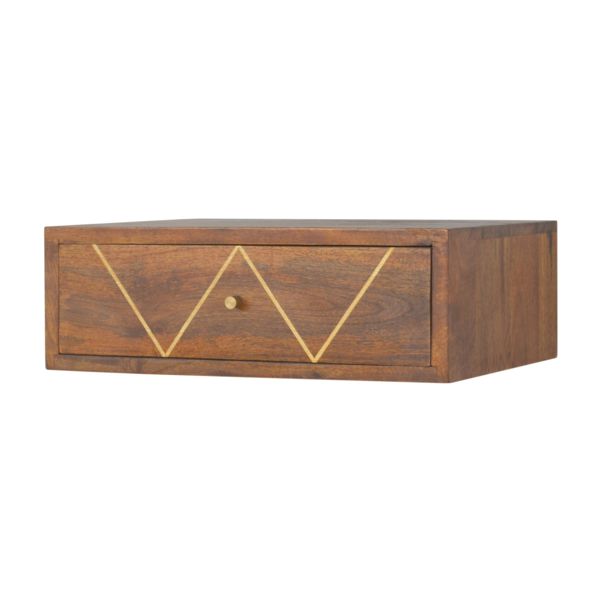 Chestnut nightstand angled from the right, with brass drawer-front inlay