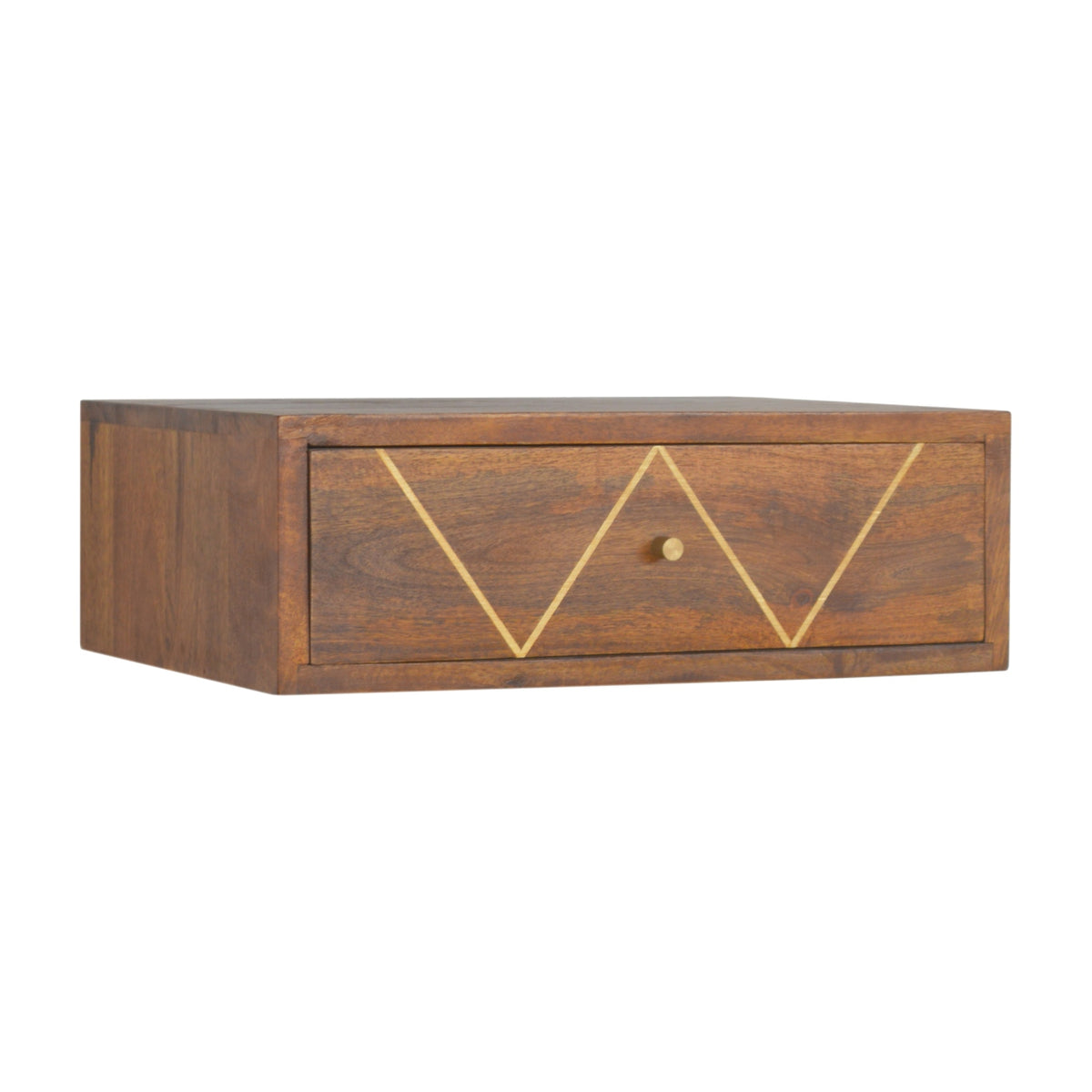 Chestnut nightstand angled from the left, showing its wood sides