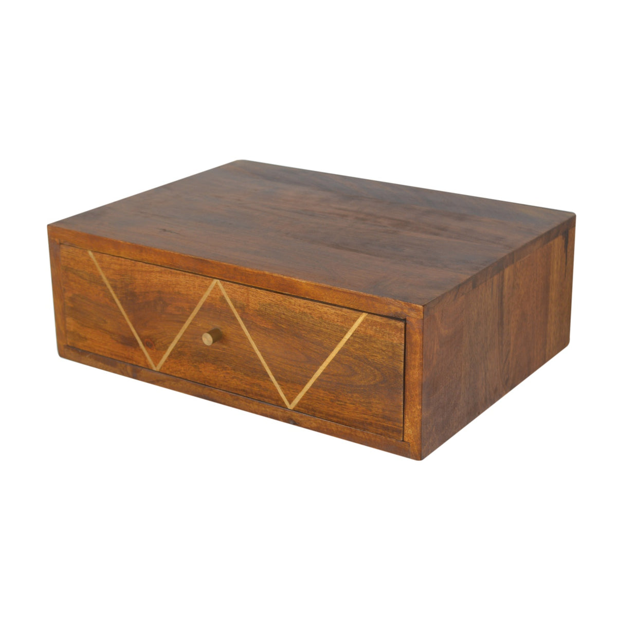 Elevated three-quarter view of the chestnut nightstand and its brass-inlay drawer