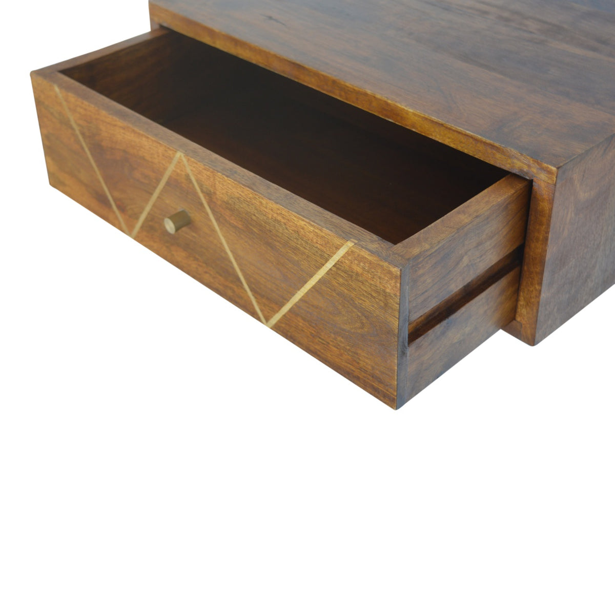 Open drawer view showing the chestnut nightstand's interior storage space