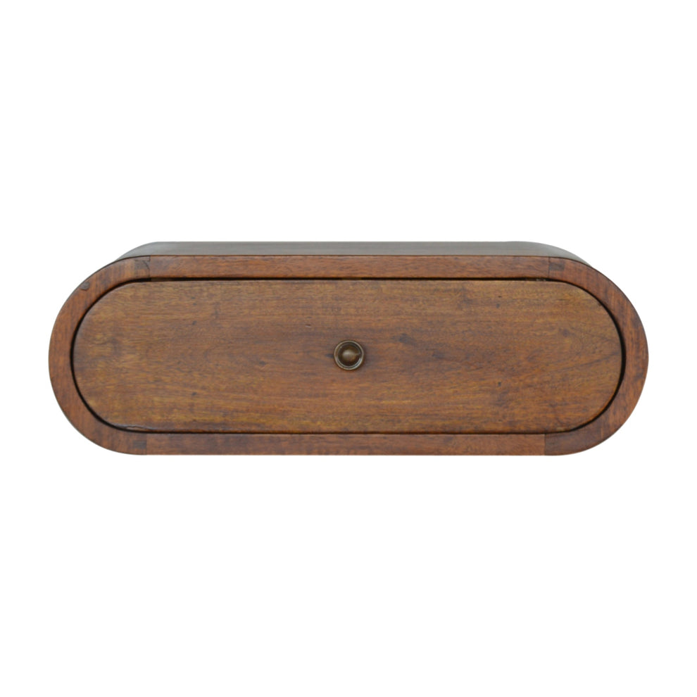 Chestnut round wall-mounted nightstand shown straight on against a white background