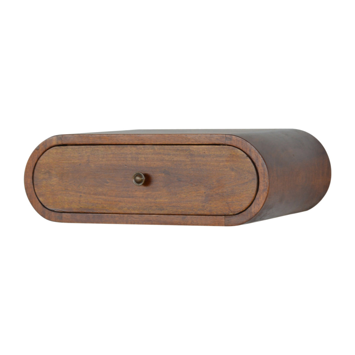 Chestnut nightstand shown from the right-front angle, revealing its rounded side