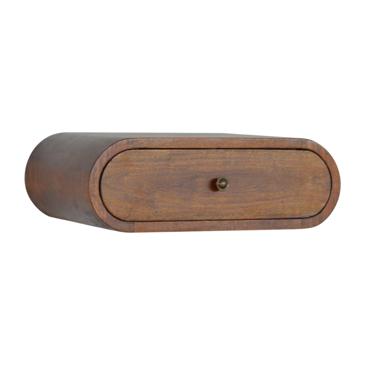 Chestnut nightstand shown from the left-front angle with the drawer visible