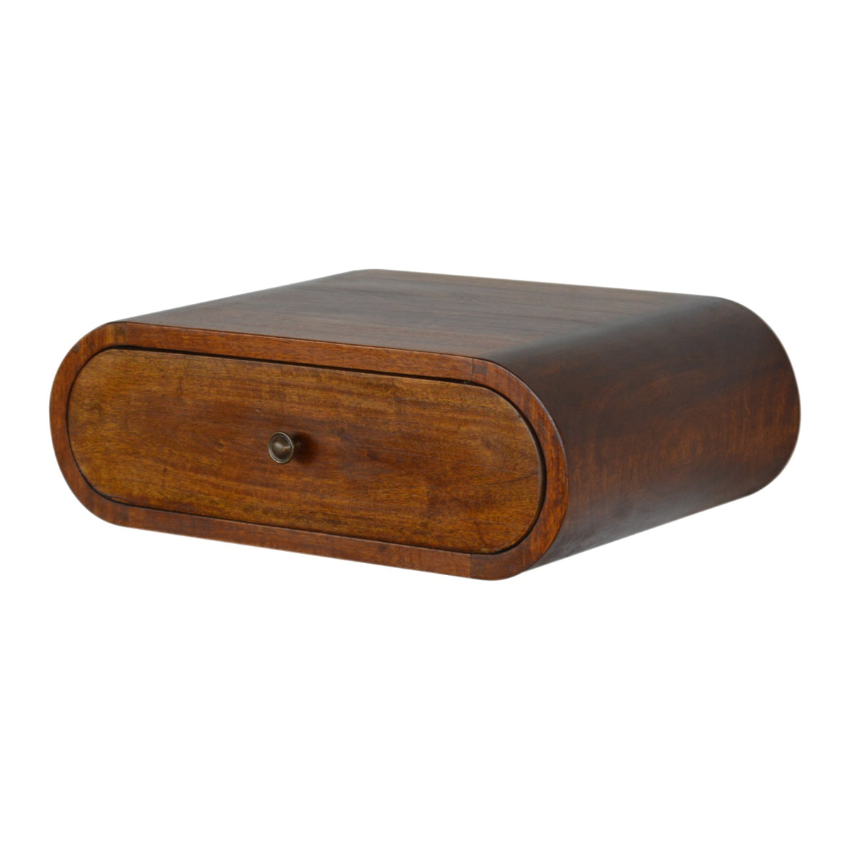 Angled view of the chestnut nightstand showing its drawer and curved body