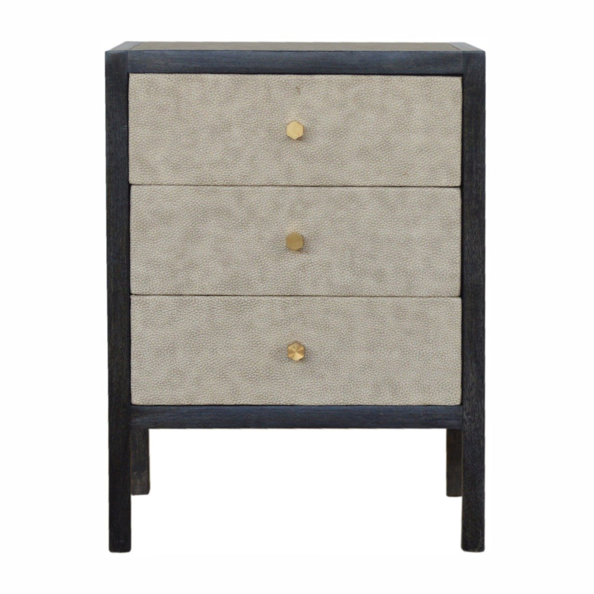 Front view of a nightstand with three light faux leather drawers and a dark frame