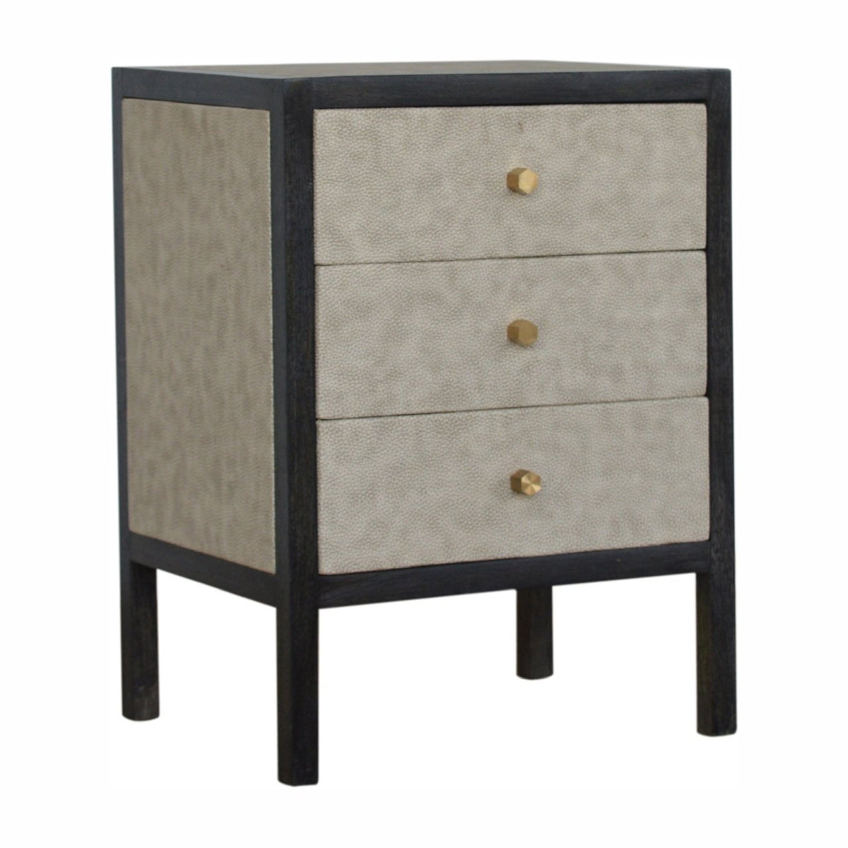 Three-quarter view showing the nightstand's drawer fronts and left side panel