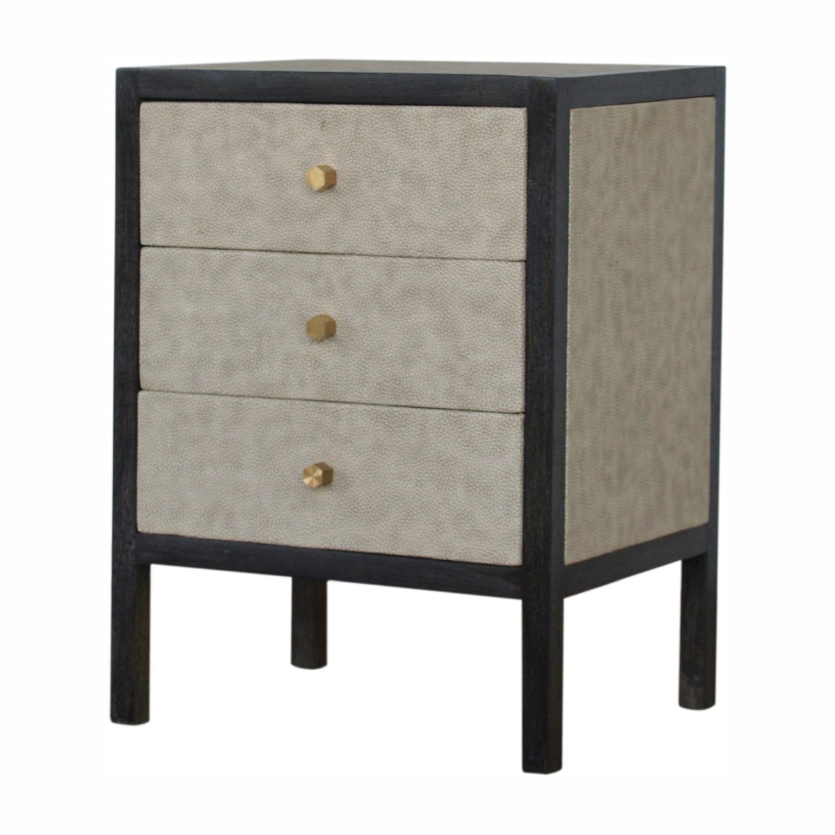 Three-quarter view showing the nightstand's drawer fronts and right side panel