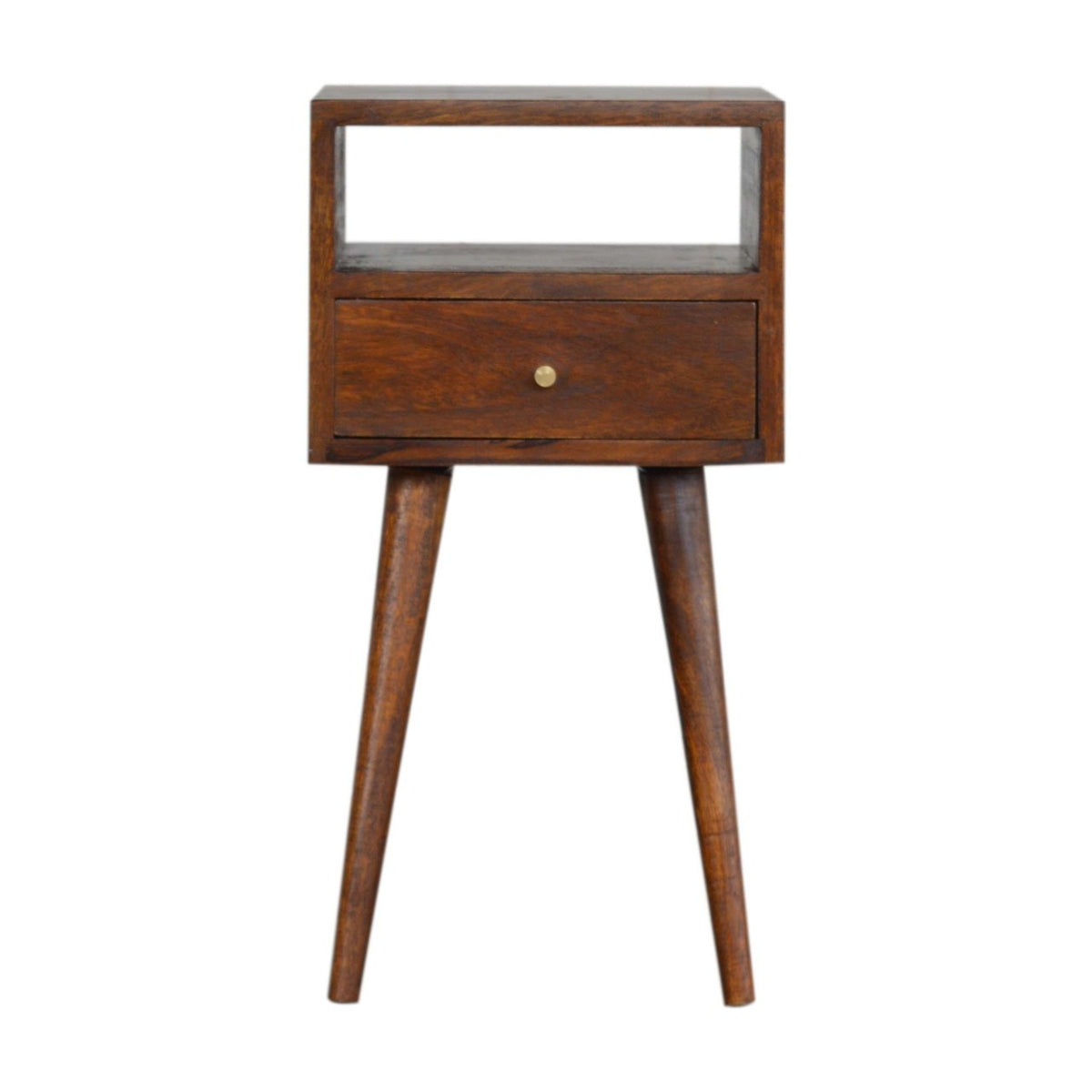 Straight-on view of a dark wood nightstand with an open shelf, one drawer, and tapered legs.