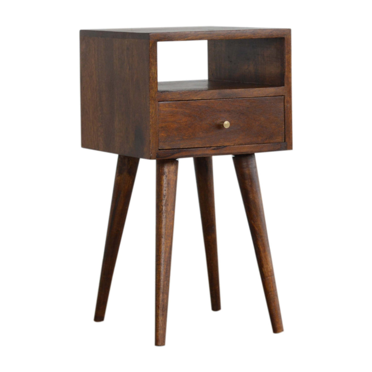 Three-quarter view of the nightstand, showing its open shelf, drawer, broad side panel, and tapered legs.