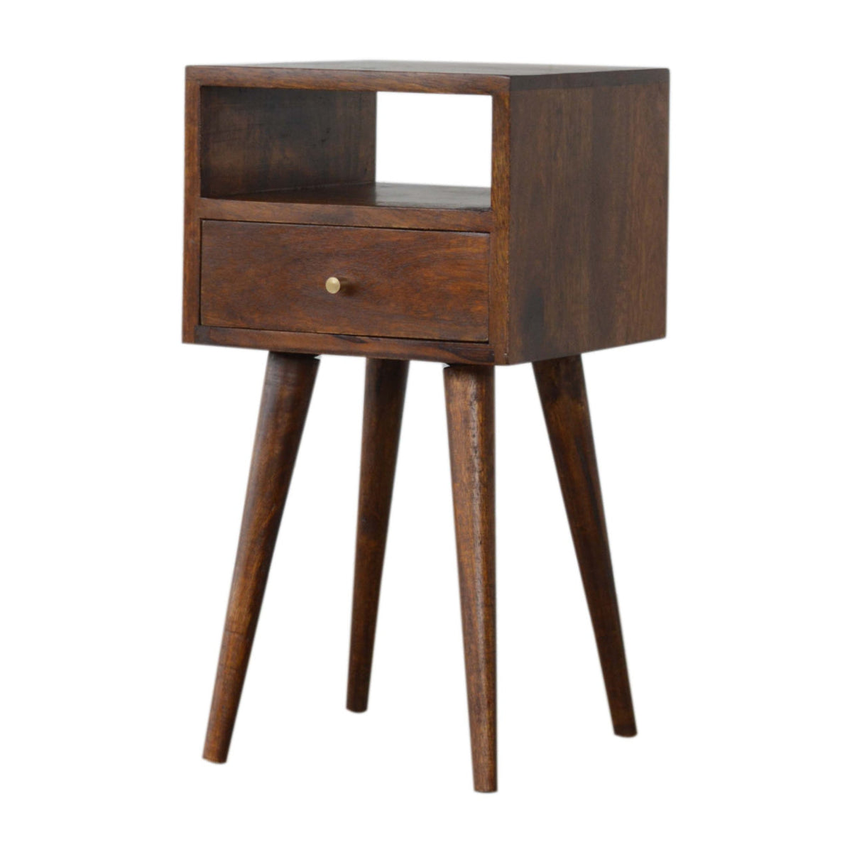 Reverse three-quarter view of the nightstand with the side panel visible beside the open shelf and drawer.