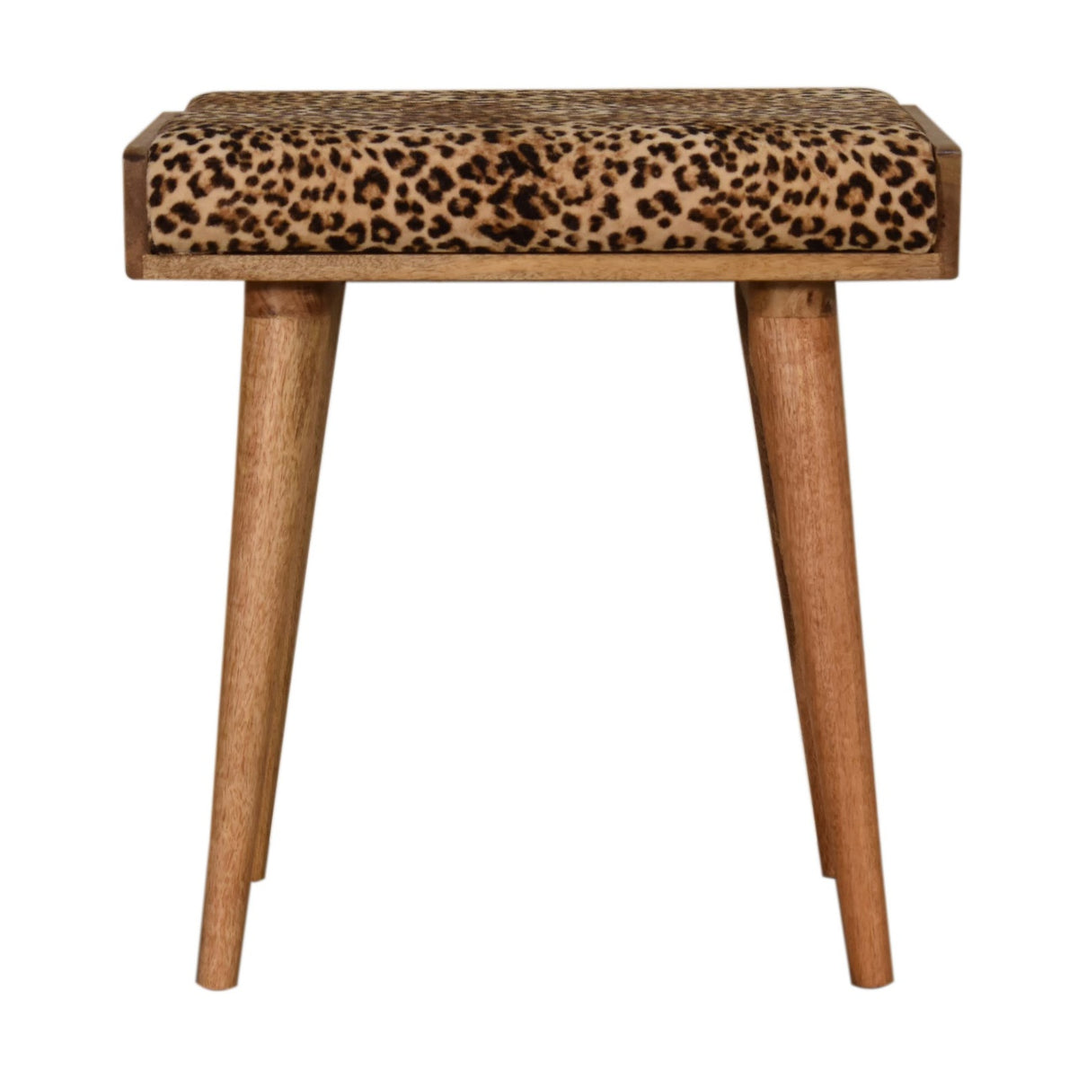 Leopard-print upholstered footstool shown straight on with four wood legs against a white background